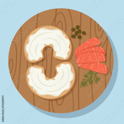 Bagels with Cream Cheese and Salmon on a Wooden Board