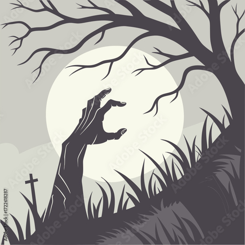 A spooky scene depicting a zombie hand emerging from the ground in a graveyard with bare trees around