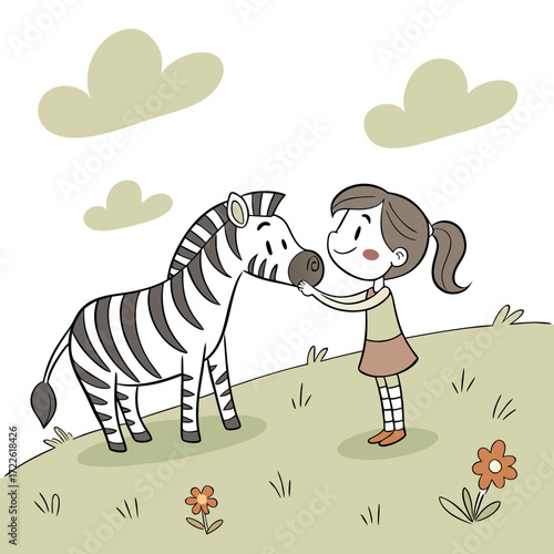 Illustration of a girl petting a zebra in a grassy field with flowers and clouds in the background scene outdoors