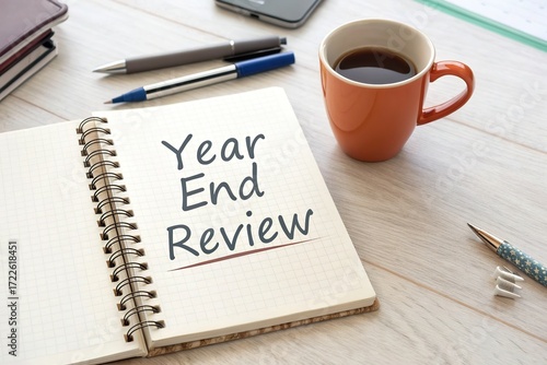 Year-End Review with Coffee and Stationery on a Desk, Emphasizing Reflection and Planning
