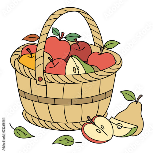 A basket filled with red and yellow apples and pears with leaves scattered around on a white background