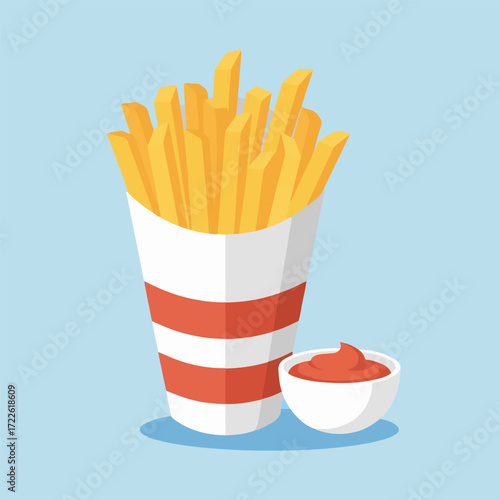Vector illustration of classic American fast food, golden potato French fries in a striped carton with tomato ketchup dip on a blue background