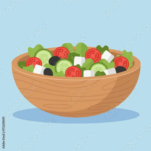 Fresh and healthy salad illustration in a wooden bowl. Crisp greens, ripe tomatoes, cool cucumbers, black olives, and feta cheese cubes for a balanced, nutritious meal
