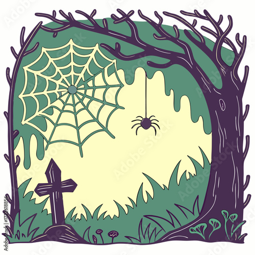 Illustration of a spooky halloween scene with a spiderweb tree grave and grass in a cartoon style