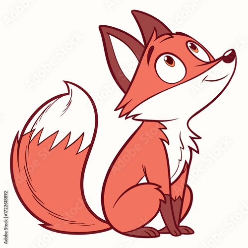 Cartoon fox sitting and looking up with a bushy tail and pointy ears on a white background illustration