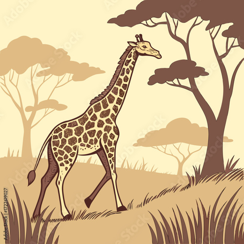 Illustration of a giraffe walking in a field with trees in the background in a sepia toned color scheme