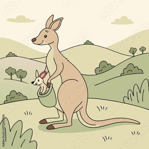 A kangaroo with a joey in its pouch standing in a grassy field with hills and trees in the background