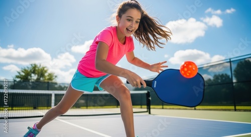 Young athlete enjoys a spirited game of pickleball on a sunny outdoor court during summer training session