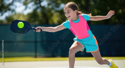 Fototapeta Naklejka Na Ścianę i Meble -  Young athlete plays pickleball outdoors, showcasing energy and skill in a summer match with friends