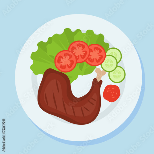 Delicious illustration of a cooked poultry dish with fresh salad. A healthy meal featuring savory meat, lettuce, sliced tomatoes, and cucumbers on a white plate