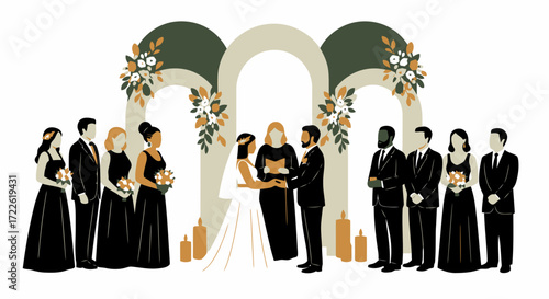 Vector art of wedding ceremony with wedding party and officiant