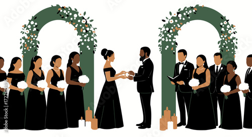 Vector art of diverse wedding ceremony with wedding party and officiant
