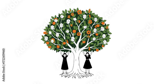 Vector art of two women reaching for fruit on a tree of faces