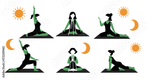 Vector art of woman doing yoga poses day and night