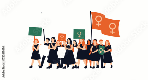 Vector art of women protesting with signs and flags