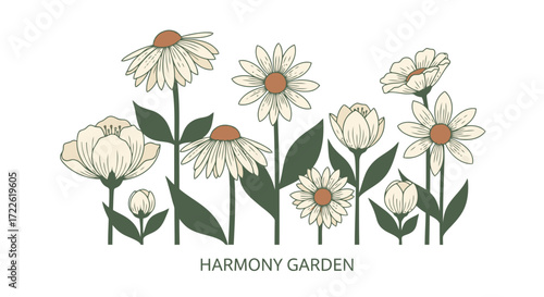 Vector art of harmony garden with various blooming flowers