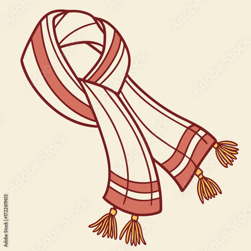 Illustration of a stylish scarf with tassels and striped pattern draped casually on a light background