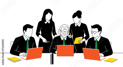 Vector art of business people gathered around a table with laptops