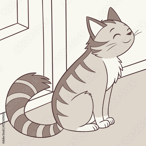 Illustration of a contented tabby cat sitting indoors with a striped tail and closed eyes in a cartoon style
