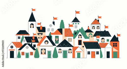 Vector art of quaint village with diverse houses and flags