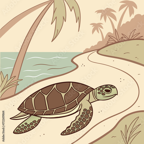 A cartoon sea turtle crawling on a sandy beach with palm trees and the ocean in the background scene view