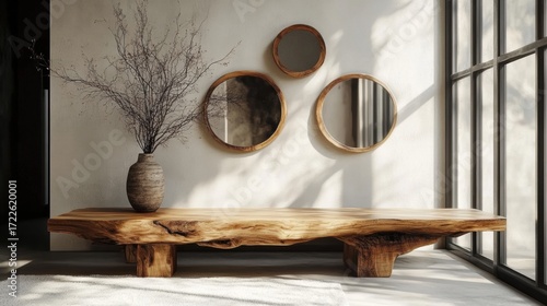 Minimalistic wabi sabi interior design: asymmetric mirror and wooden frame modern minimalist design room