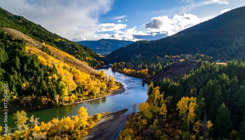 Autumn river valley, aerial view