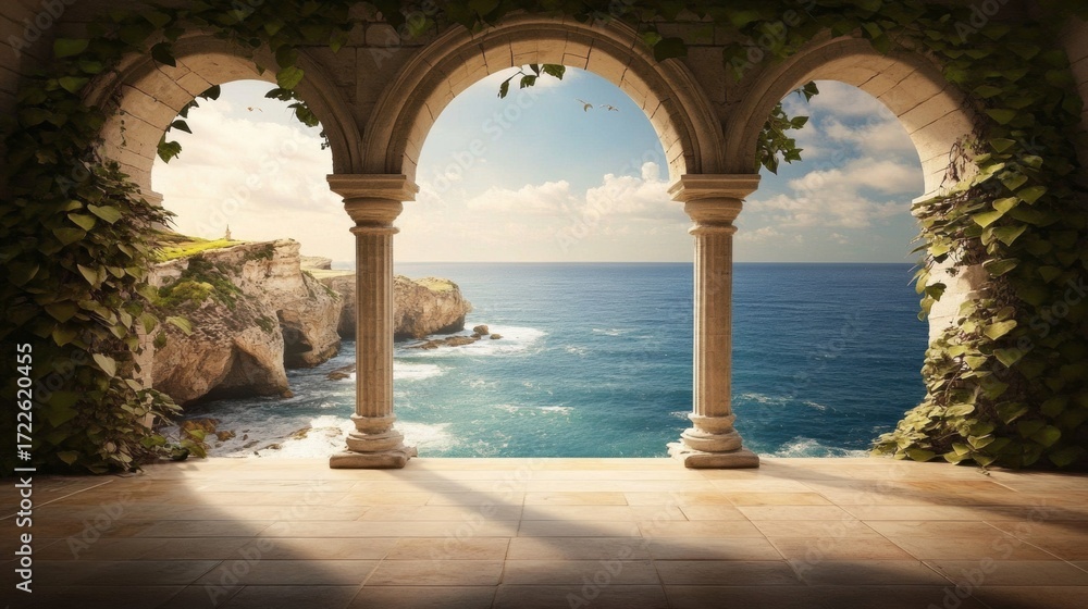 Obraz premium Medieval stone arch windows with a scenic ocean view backdrop old archway beautiful