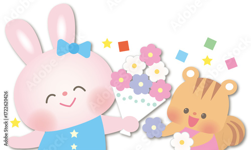 お誕生日おめでとう_花を渡すうさぎとリス