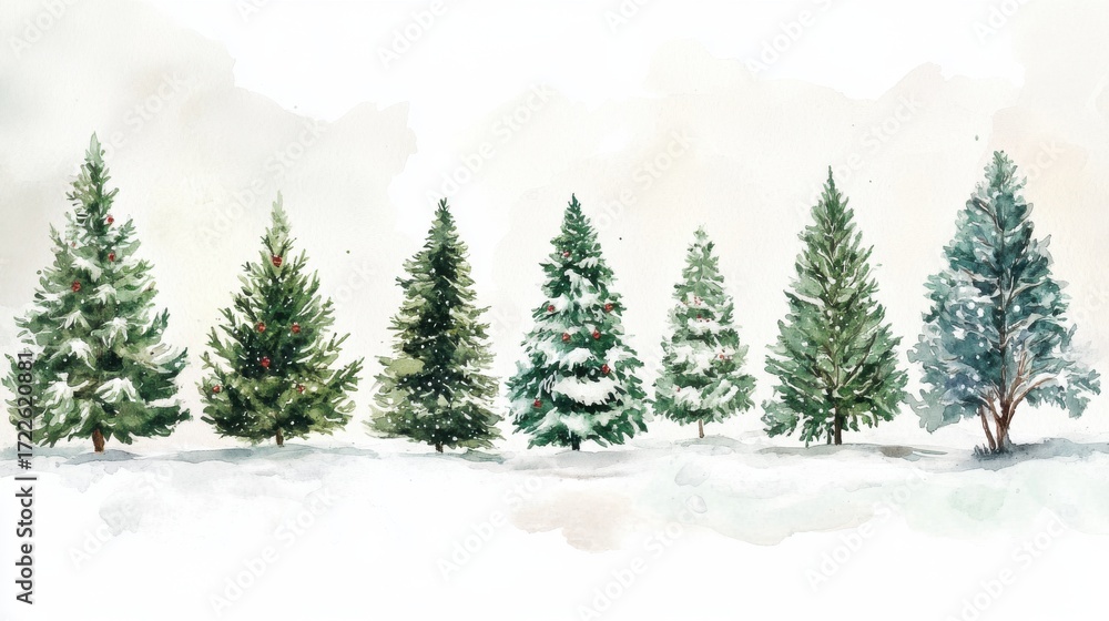 Fototapeta premium Seven snow-covered evergreen trees with red ornaments in winter