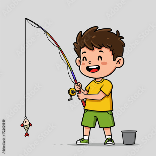 A smiling child with short brown hair holding a colorful fishing rod and catching a small fish, standing beside a bucket—capturing a playful outdoor moment.