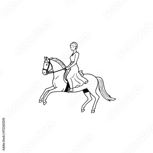 Black and white line art of a beautiful woman with perfect body riding horse elegant minimalist illustration