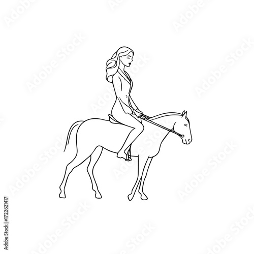 Black and white line art of a beautiful woman with perfect body riding horse elegant minimalist illustration