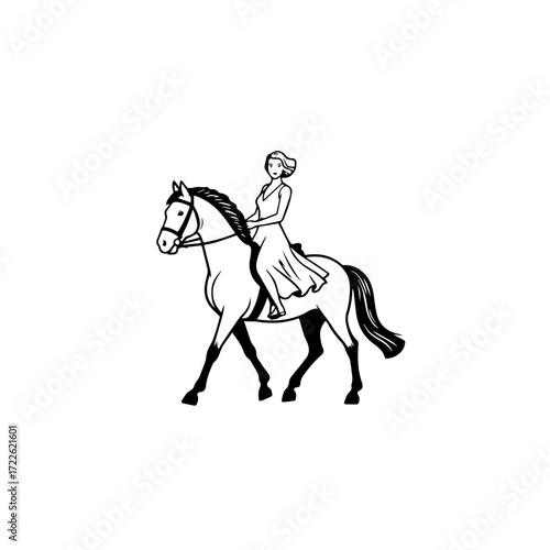 Black and white line art of a beautiful woman with perfect body riding horse elegant minimalist illustration