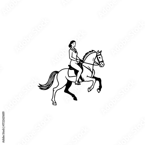 Black and white line art of a beautiful woman with perfect body riding horse elegant minimalist illustration