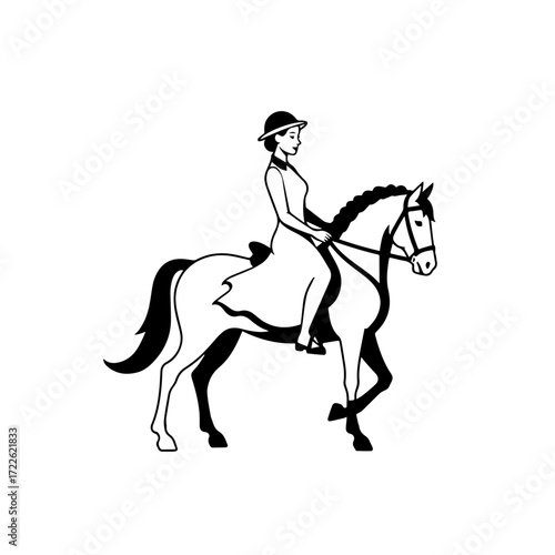 Black and white line art of a beautiful woman with perfect body riding horse elegant minimalist illustration