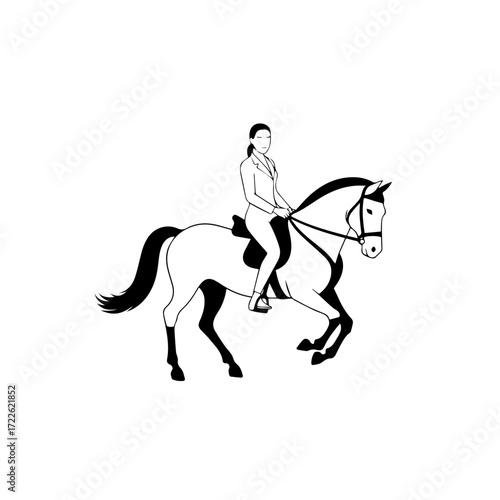 Black and white line art of a beautiful woman with perfect body riding horse elegant minimalist illustration