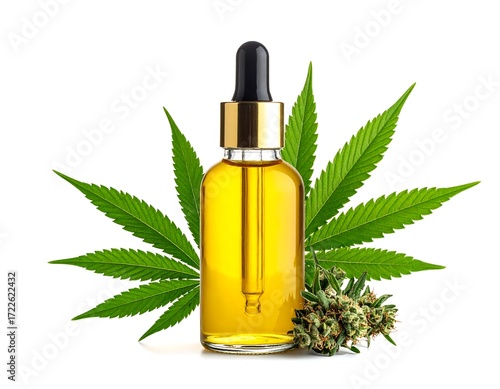 Cannabis oil in dropper bottle with leaves