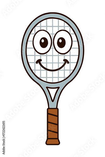 Flat vector illustration of a tennis racket with cartoon eyes on a white background