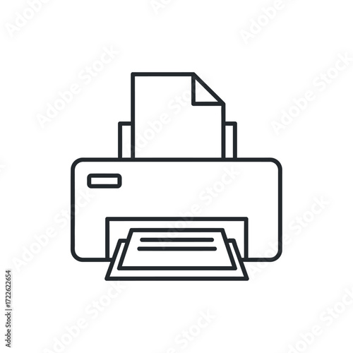 A minimalist line drawing of a printer with paper loaded and a document being printed.