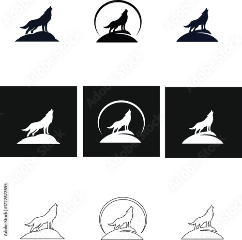 Howling wolf vector icons pack in multiple styles including flat, outline, and silhouette, ideal for logos, hunting gear, and outdoor lifestyle branding.