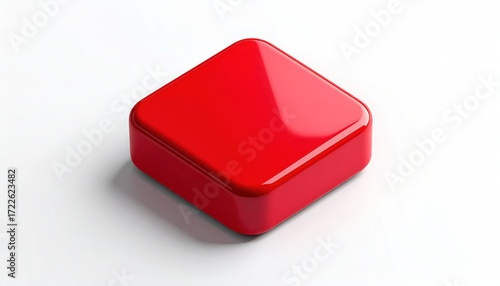 Glossy, red, rounded-square object casting a soft shadow, isolated on a white surface, from a high-angle perspective