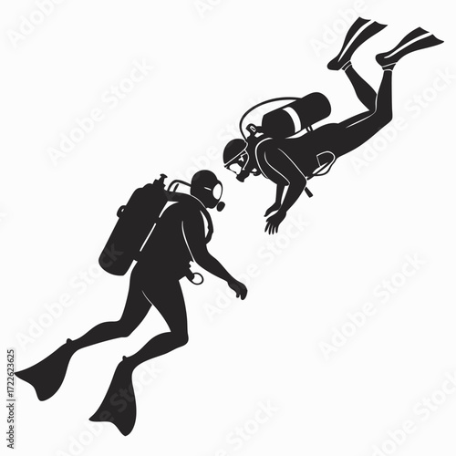 Scuba diver silhouette set, underwater swimming positions, black vector illustration, diving gear outline, aquatic activity graphic, marine sports icon collection.black and white silhouette of a scuba