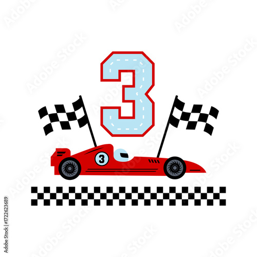 3rd birthday design logo, emblem for party, invitation, decor, T-shirt, room poster. Race car theme boy birthday. Red racing car, number 3 and checkered finish flags. Vector illustration.