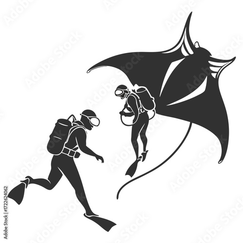 Scuba diver silhouette set, underwater swimming positions, black vector illustration, diving gear outline, aquatic activity graphic, marine sports icon collection.black and white silhouette of a scuba