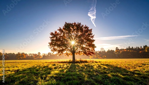 Autumn sunbeams through a lone tree