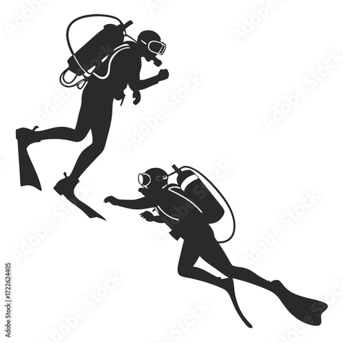 Scuba diver silhouette set, underwater swimming positions, black vector illustration, diving gear outline, aquatic activity graphic, marine sports icon collection.black and white silhouette of a scuba