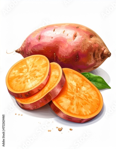 Watercolor illustration of a whole sweet potato with slices, showcasing the orange interior, accented by a single green leaf on white background