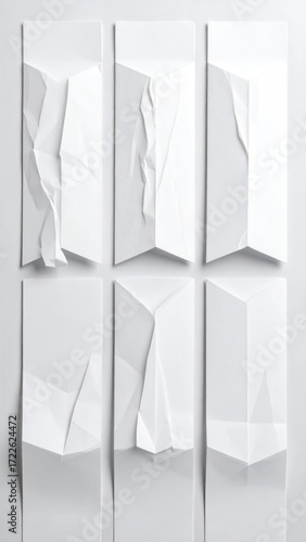 Six minimalist vertical white panels, each with varying degrees of folded and crushed paper effects, creating textured, abstract patterns