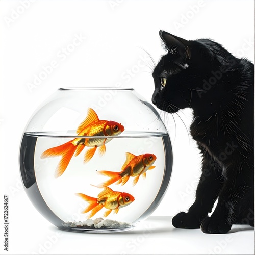 Black cat attentively watches goldfish swimming inside a clear glass fishbowl, set against a stark white background